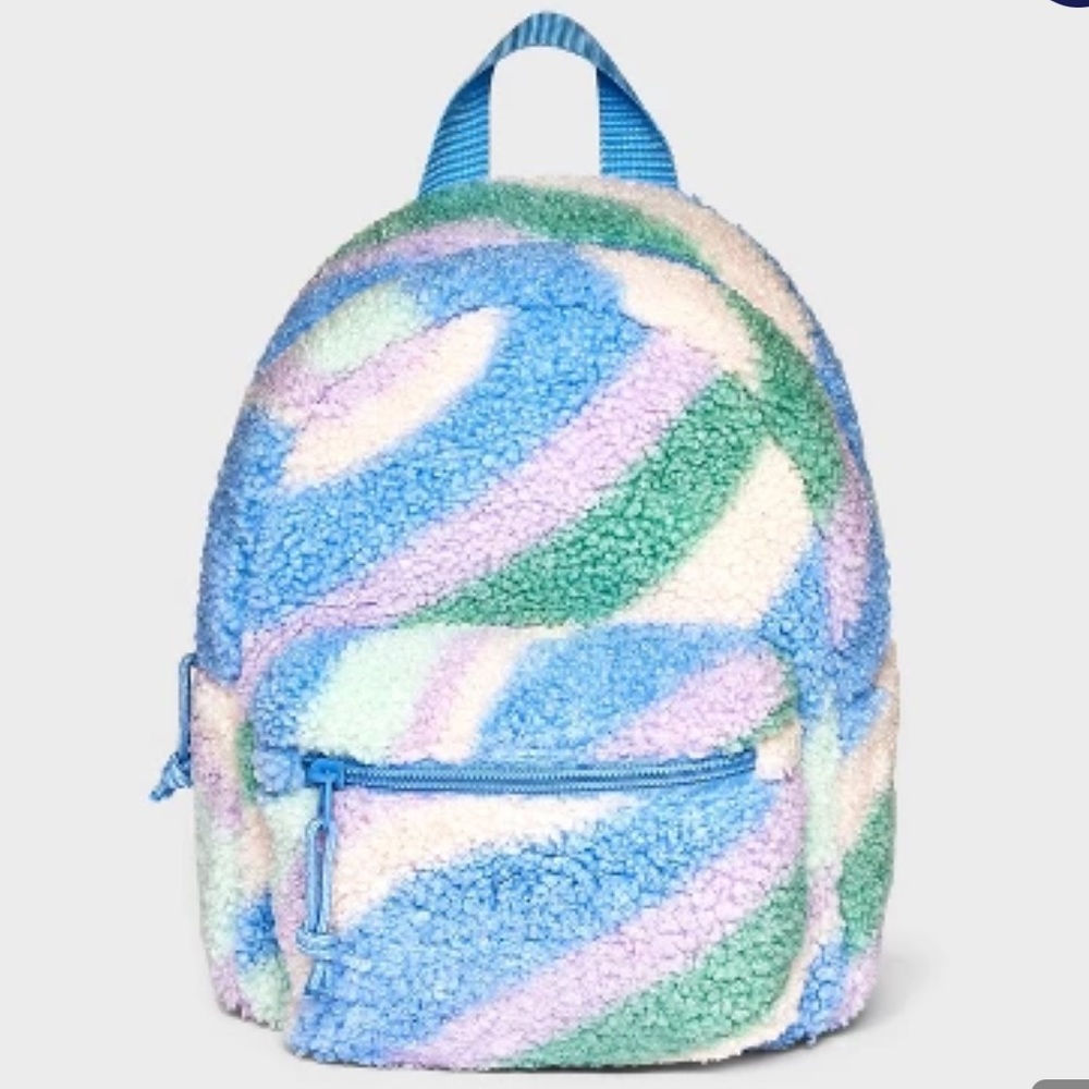 Cat & Jack swirl fluffy/fleece Backpack, blue, pink & purple NEW